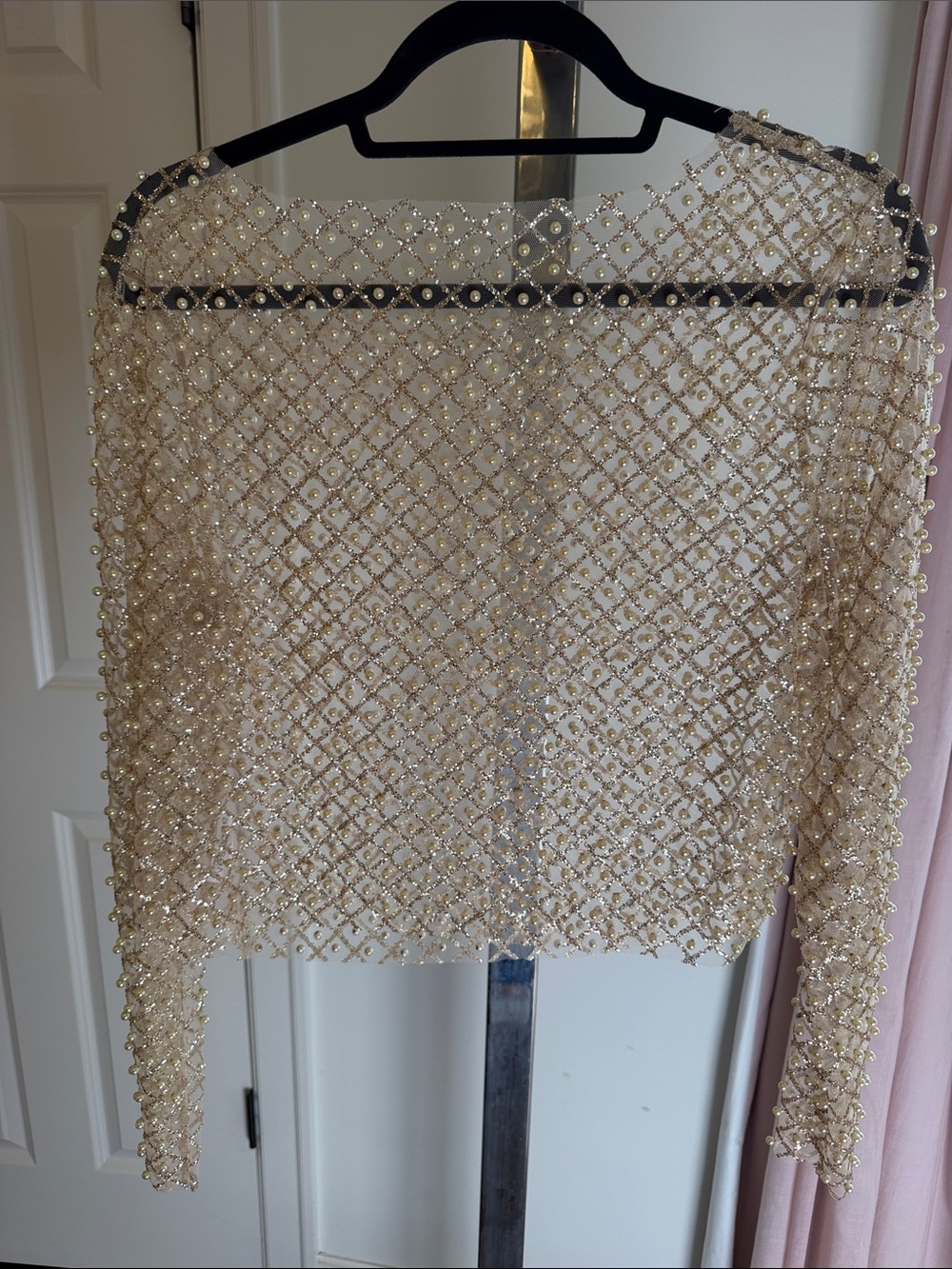 vestique Beaded Pearl Sheer Off-the-Shoulder Gold - Cream